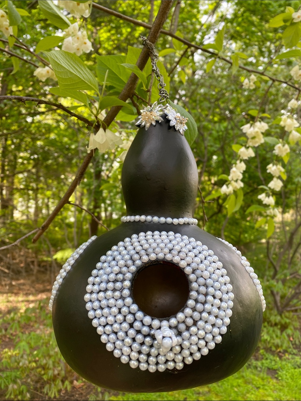 Handcrafted decorative Black Gourd Birdhouse with Faux Pearl Accents
